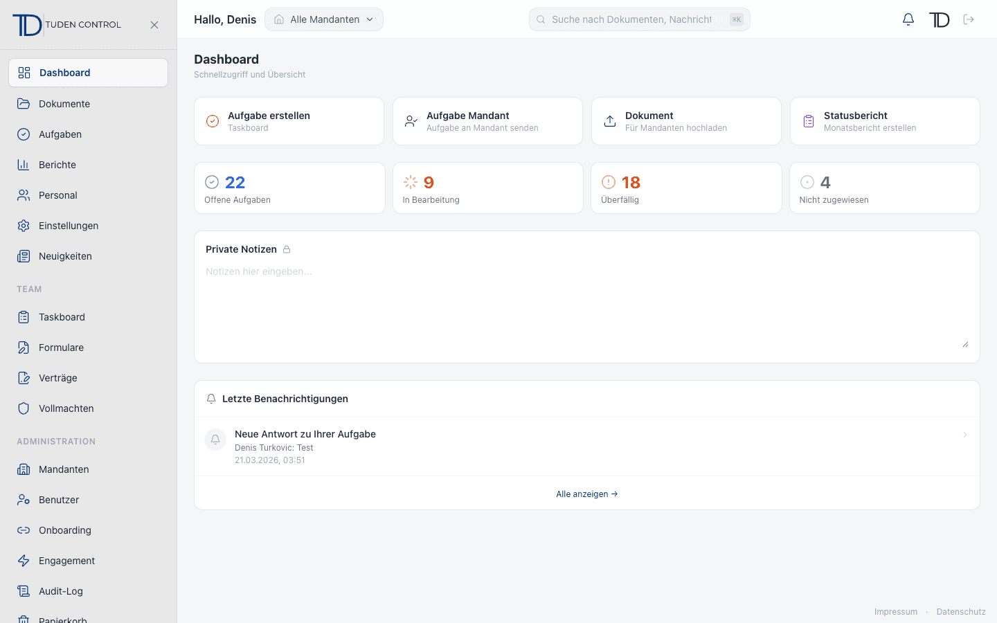 Tuden Control Portal Dashboard